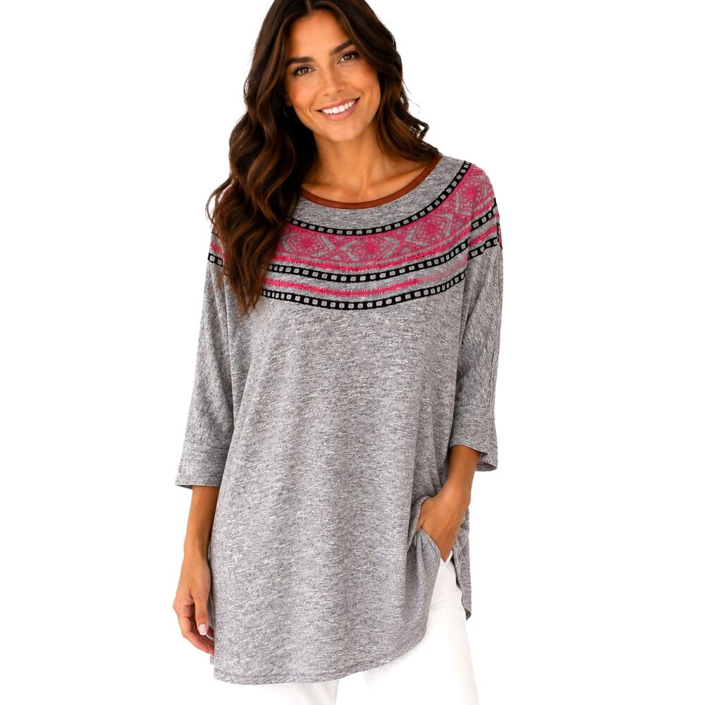 THML Fair Isle Top Womens Large Gray & Pink W/ Faux Leather Trim Oversized